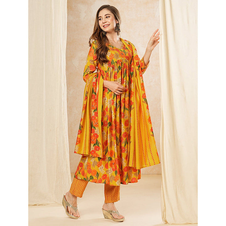 FASHOR Floral Printed Kurta with Pants & Dupatta - Yellow (Set of 3)