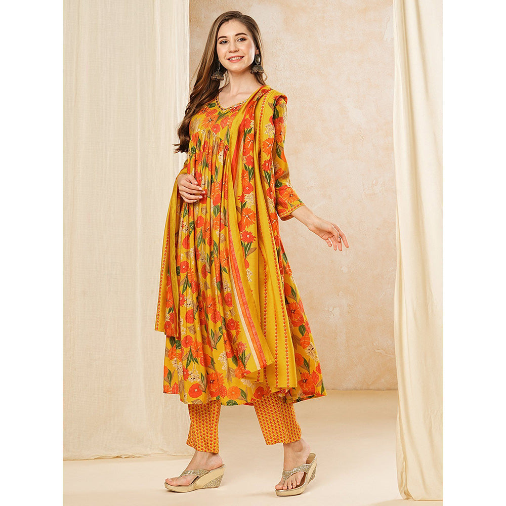 FASHOR Floral Printed Kurta with Pants & Dupatta - Yellow (Set of 3)