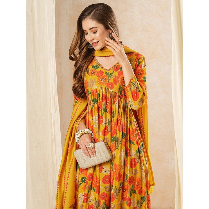 FASHOR Floral Printed Kurta with Pants & Dupatta - Yellow (Set of 3)