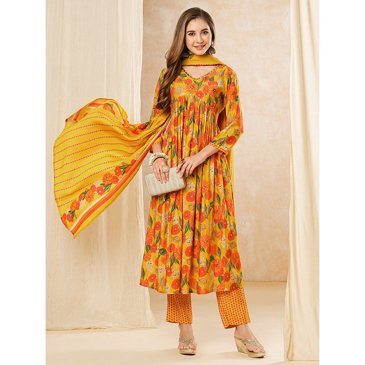 FASHOR Floral Printed Kurta with Pants & Dupatta - Yellow (Set of 3)