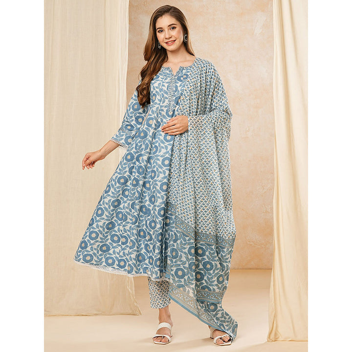 FASHOR Floral Printed Kurta with Pant and Dupatta - Blue (Set of 3)