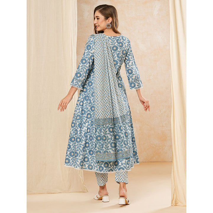 FASHOR Floral Printed Kurta with Pant and Dupatta - Blue (Set of 3)