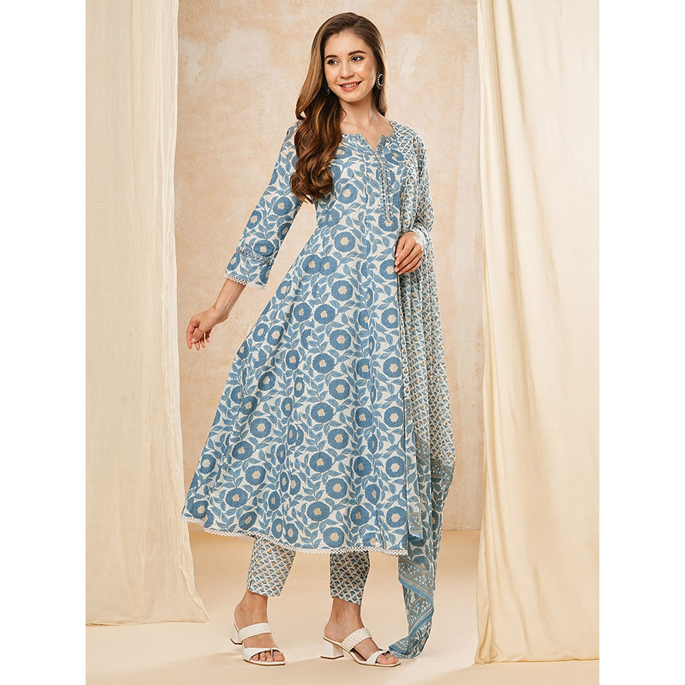 FASHOR Floral Printed Kurta with Pant and Dupatta - Blue (Set of 3)