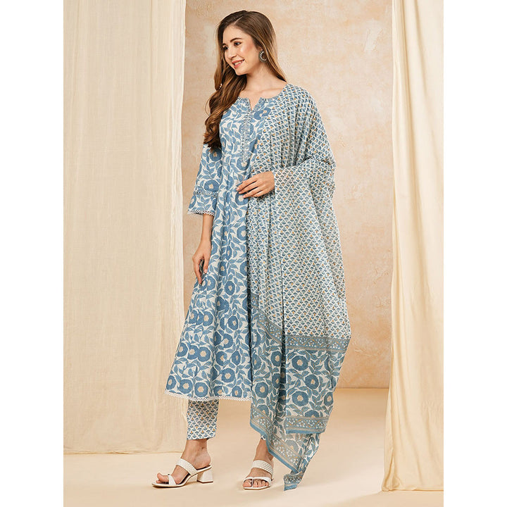 FASHOR Floral Printed Kurta with Pant and Dupatta - Blue (Set of 3)