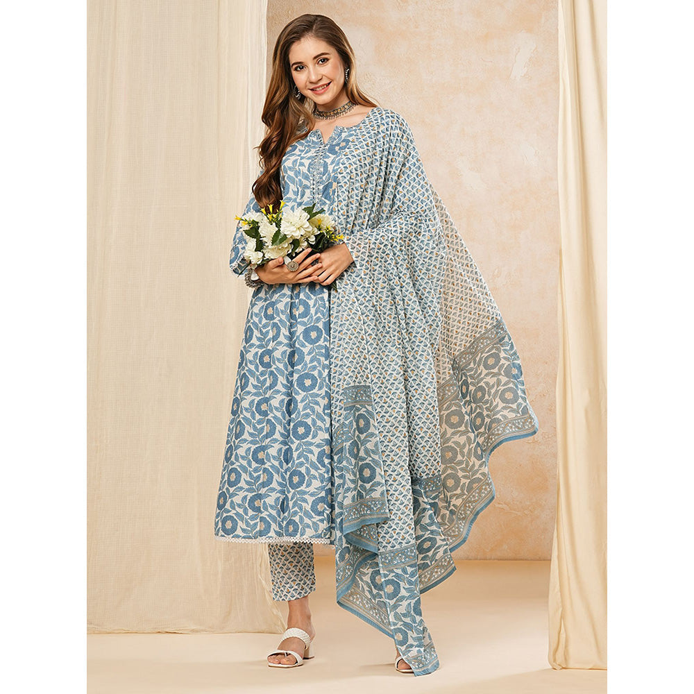 FASHOR Floral Printed Kurta with Pant and Dupatta - Blue (Set of 3)