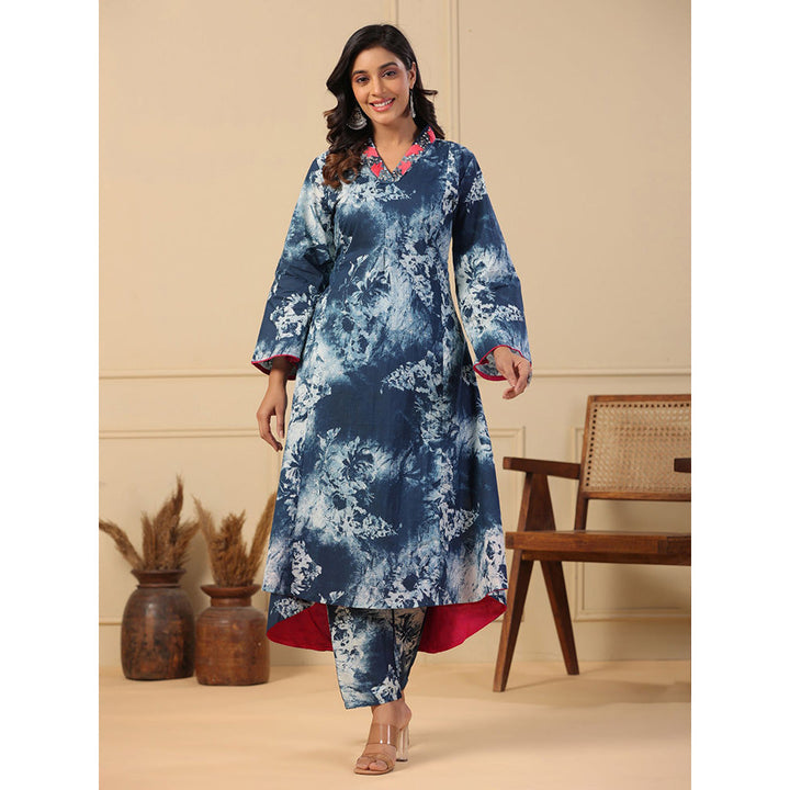 FASHOR Abstract Printed Panelled Kurta with Pant - Blue (Set of 2)