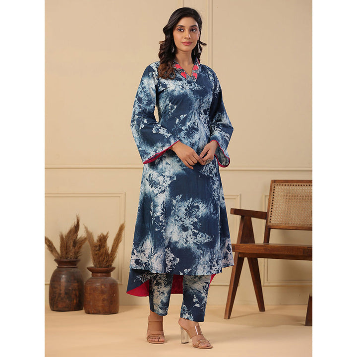 FASHOR Abstract Printed Panelled Kurta with Pant - Blue (Set of 2)