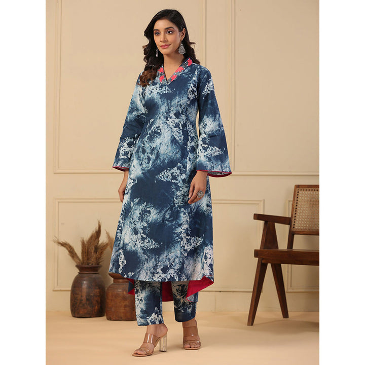 FASHOR Abstract Printed Panelled Kurta with Pant - Blue (Set of 2)