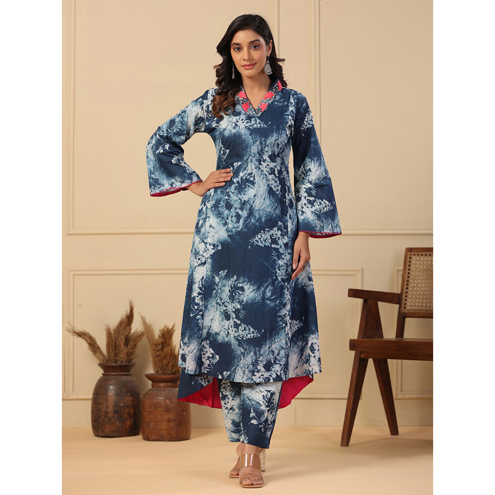 FASHOR Abstract Printed Panelled Kurta with Pant - Blue (Set of 2)