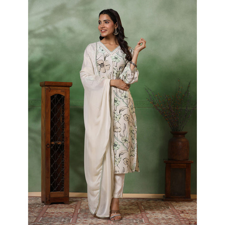 FASHOR Floral Printed Kurta with Pants and Dupatta - Off White (Set of 3)