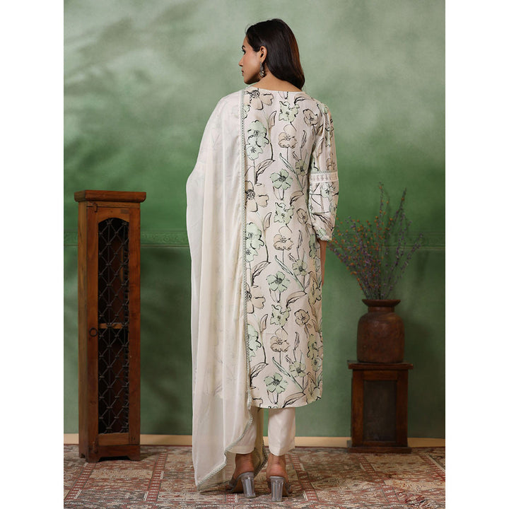 FASHOR Floral Printed Kurta with Pants and Dupatta - Off White (Set of 3)