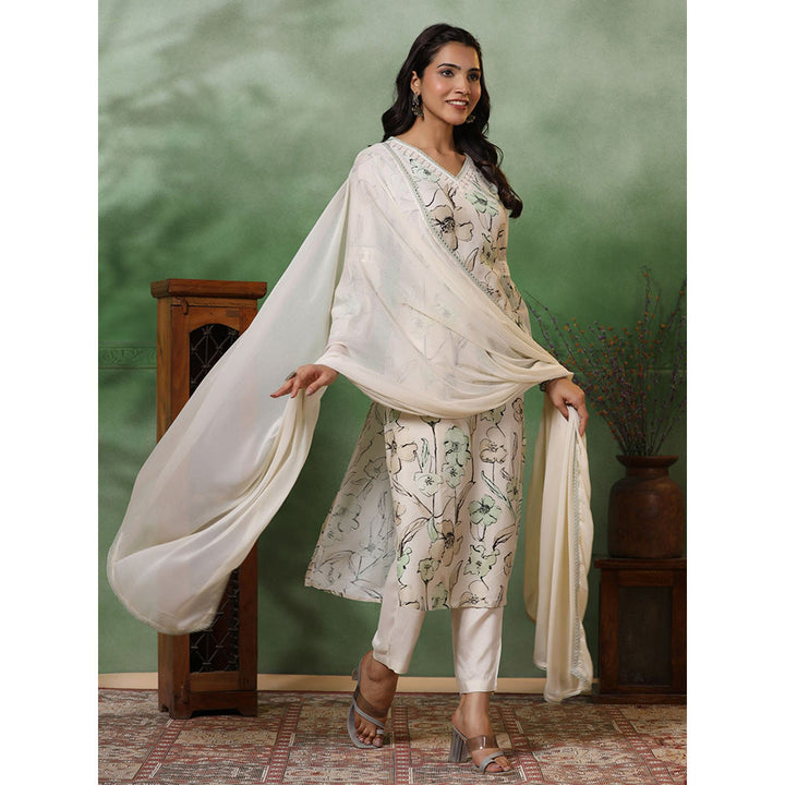 FASHOR Floral Printed Kurta with Pants and Dupatta - Off White (Set of 3)