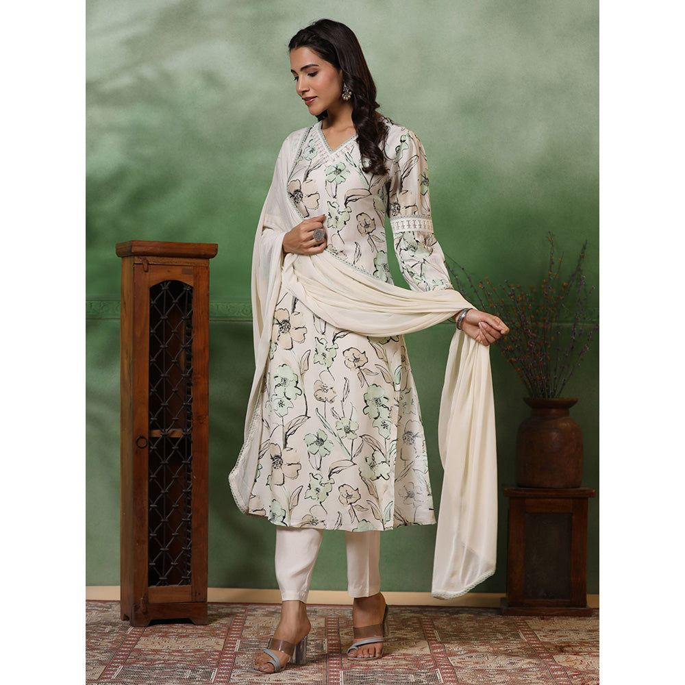 FASHOR Floral Printed Kurta with Pants and Dupatta - Off White (Set of 3)