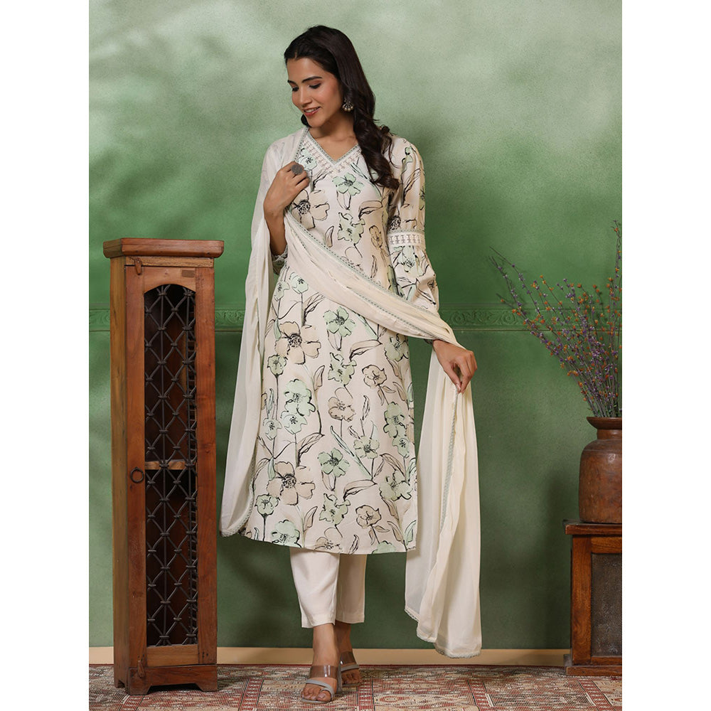 FASHOR Floral Printed Kurta with Pants and Dupatta - Off White (Set of 3)