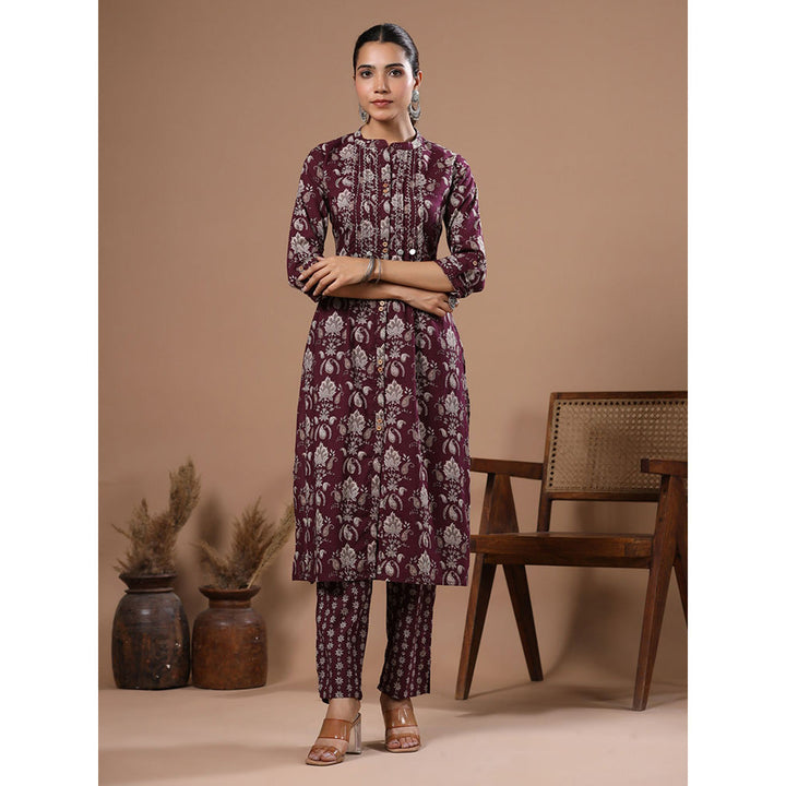 FASHOR Floral Printed Embellished Kurta with Pants - Burgundy (Set of 2)