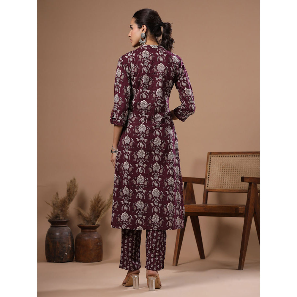 FASHOR Floral Printed Embellished Kurta with Pants - Burgundy (Set of 2)