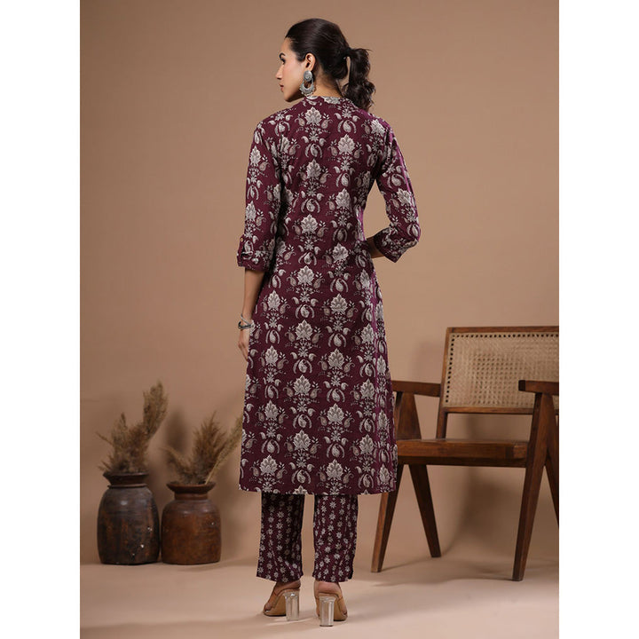 FASHOR Floral Printed Embellished Kurta with Pants - Burgundy (Set of 2)