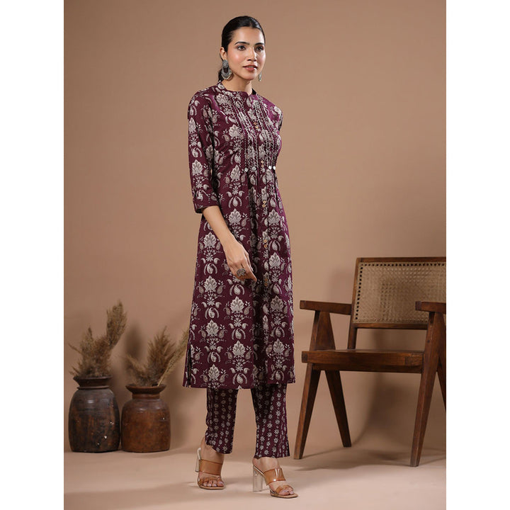 FASHOR Floral Printed Embellished Kurta with Pants - Burgundy (Set of 2)