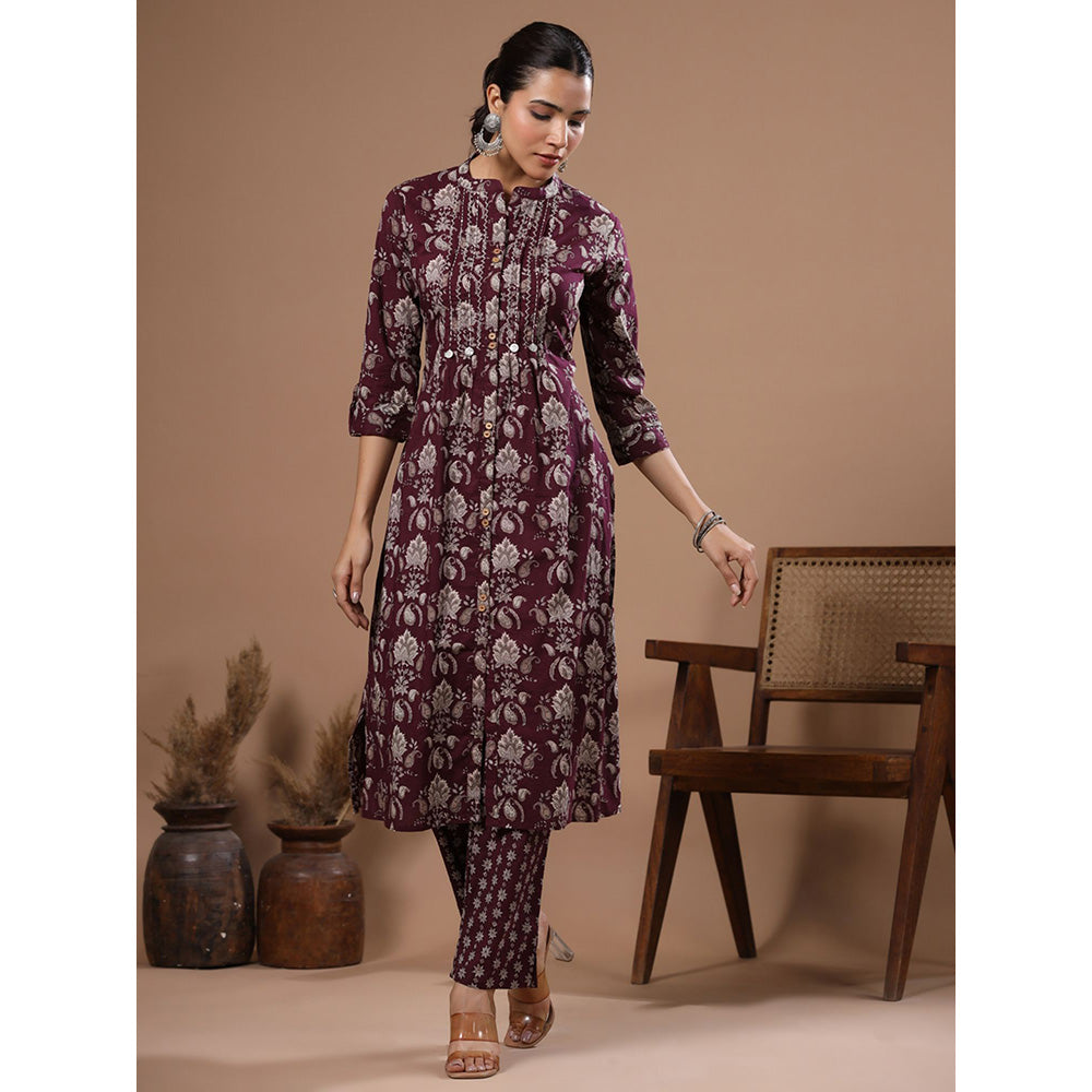 FASHOR Floral Printed Embellished Kurta with Pants - Burgundy (Set of 2)