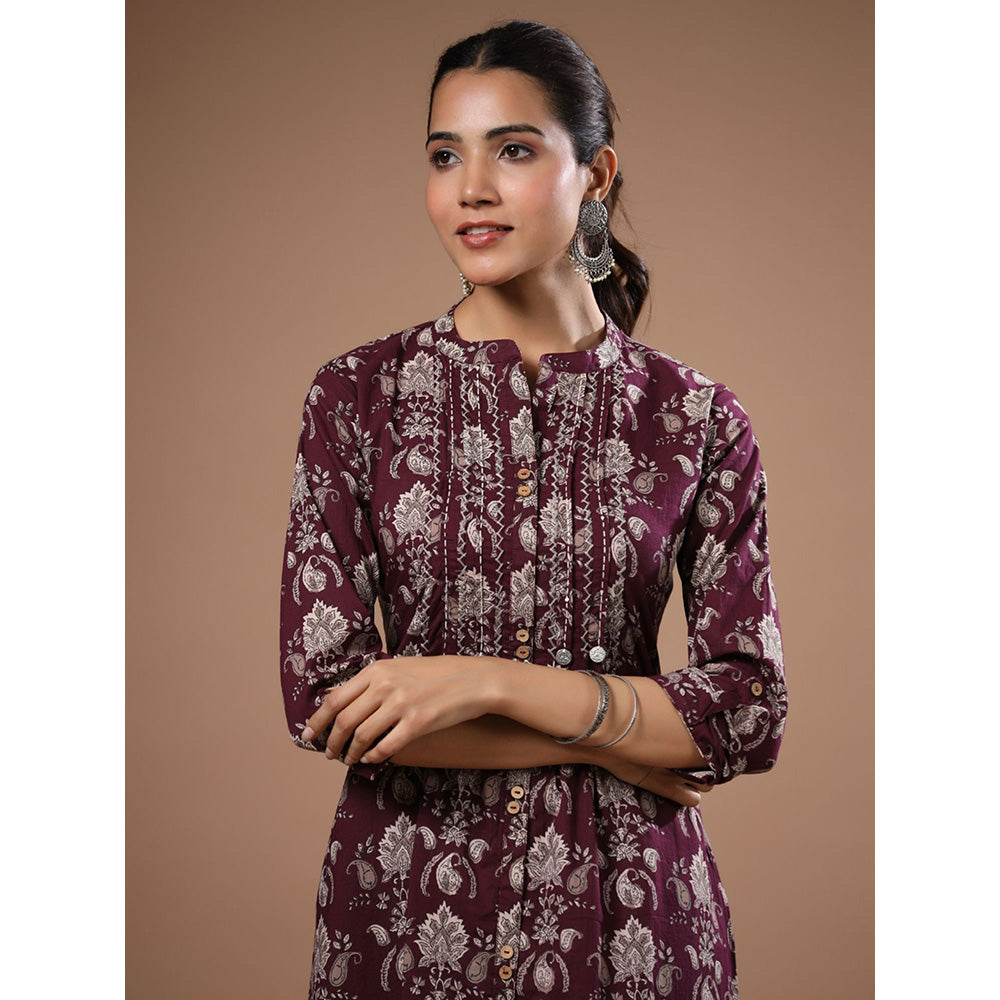 FASHOR Floral Printed Embellished Kurta with Pants - Burgundy (Set of 2)