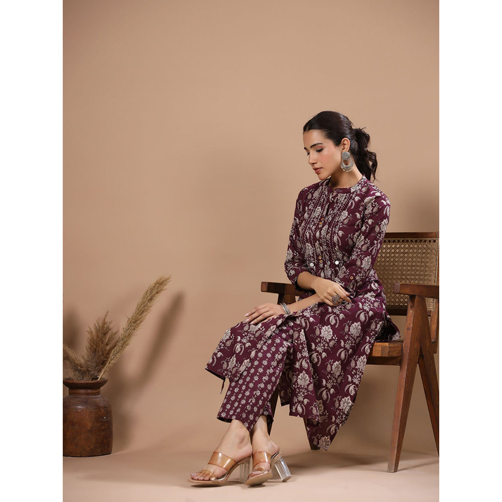 FASHOR Floral Printed Embellished Kurta with Pants - Burgundy (Set of 2)