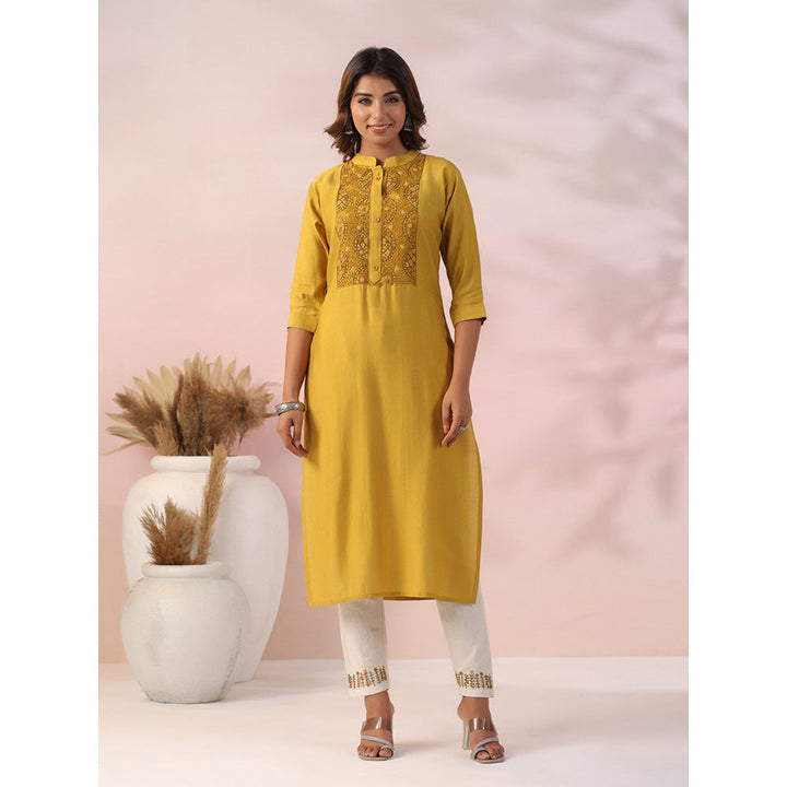 FASHOR Solid Embroidered Kurta with Pant - Mustard (Set of 2)