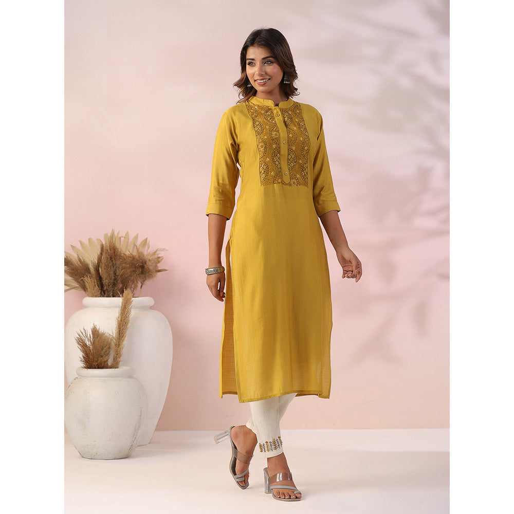 FASHOR Solid Embroidered Kurta with Pant - Mustard (Set of 2)