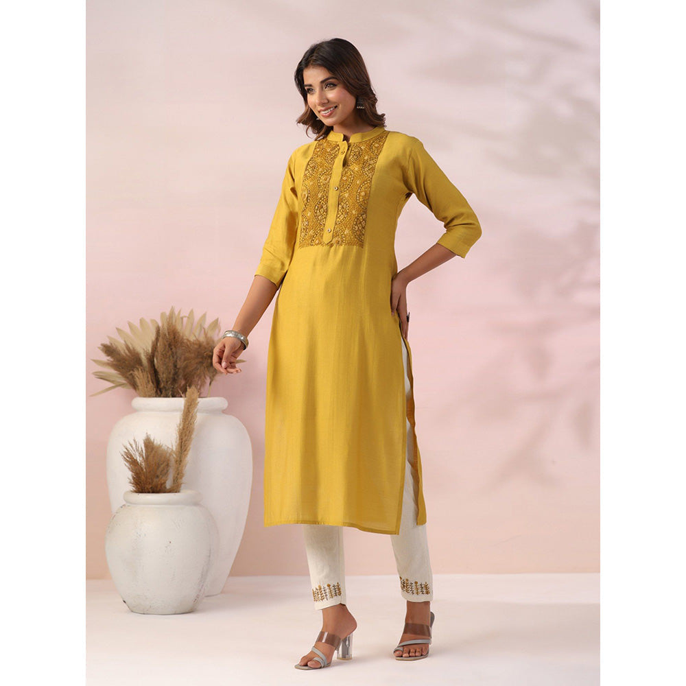 FASHOR Solid Embroidered Kurta with Pant - Mustard (Set of 2)