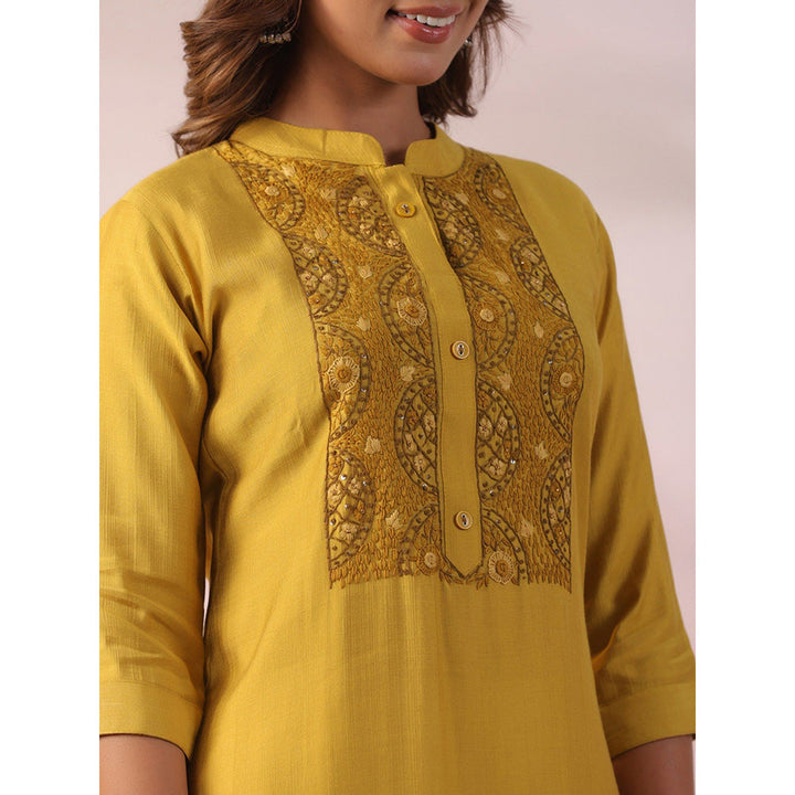 FASHOR Solid Embroidered Kurta with Pant - Mustard (Set of 2)