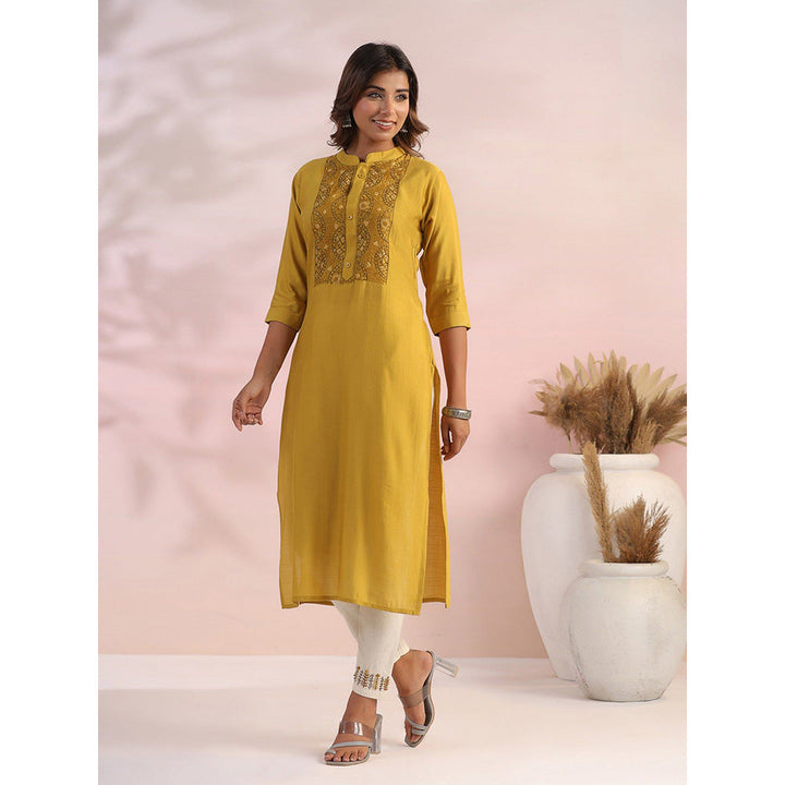 FASHOR Solid Embroidered Kurta with Pant - Mustard (Set of 2)
