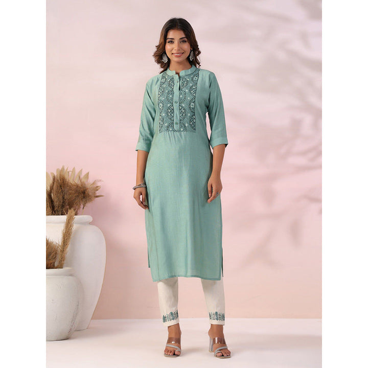 FASHOR Solid Embroidered Kurta with Pant - Green (Set of 2)