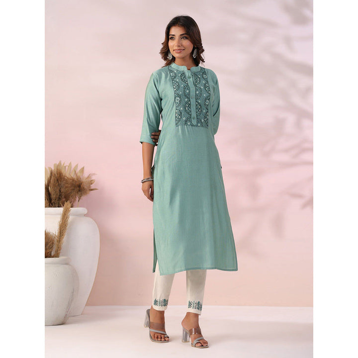 FASHOR Solid Embroidered Kurta with Pant - Green (Set of 2)