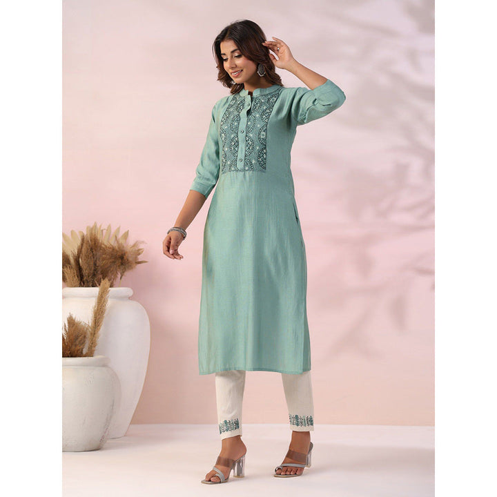 FASHOR Solid Embroidered Kurta with Pant - Green (Set of 2)