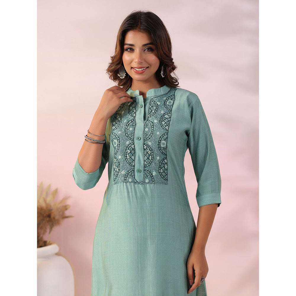 FASHOR Solid Embroidered Kurta with Pant - Green (Set of 2)