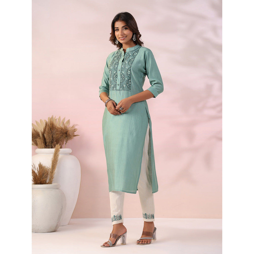 FASHOR Solid Embroidered Kurta with Pant - Green (Set of 2)