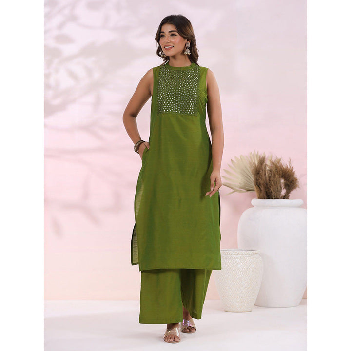 FASHOR Solid Foil Mirror Embroidered Co-Ord - Green (Set of 2)