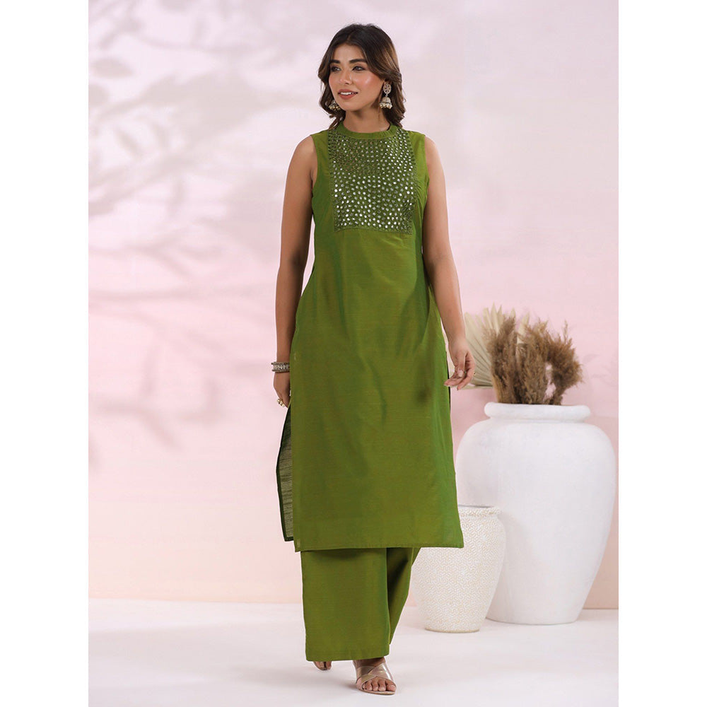 FASHOR Solid Foil Mirror Embroidered Co-Ord - Green (Set of 2)