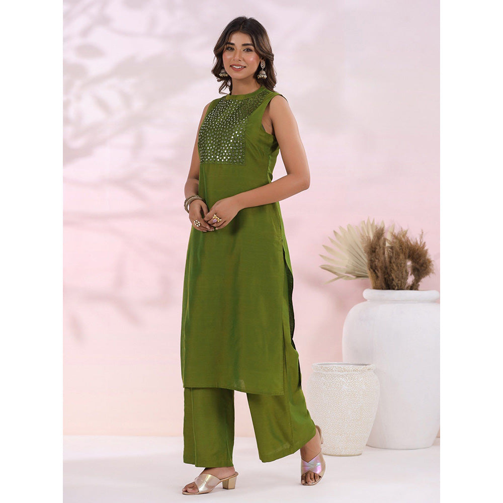 FASHOR Solid Foil Mirror Embroidered Co-Ord - Green (Set of 2)