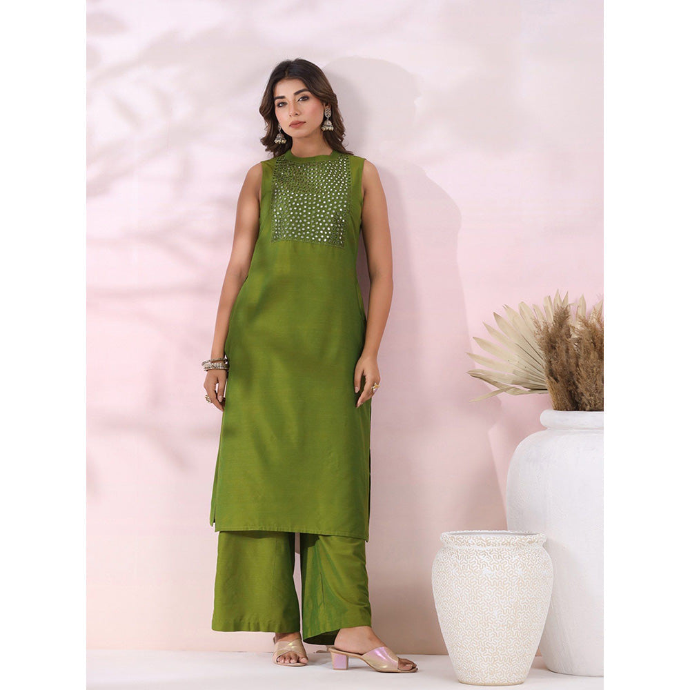 FASHOR Solid Foil Mirror Embroidered Co-Ord - Green (Set of 2)