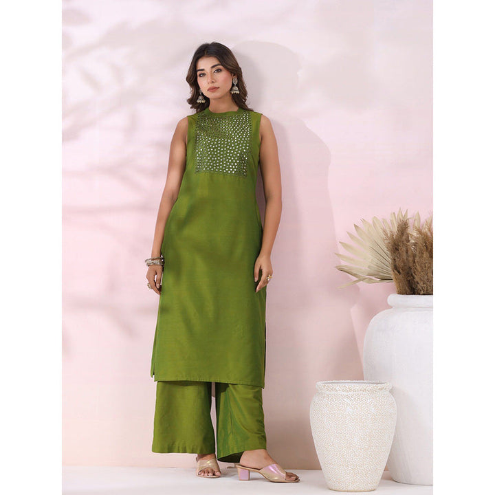 FASHOR Solid Foil Mirror Embroidered Co-Ord - Green (Set of 2)