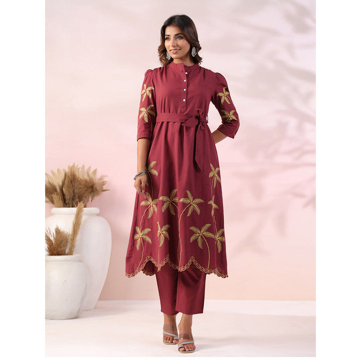 FASHOR Floral Embroidered & Scalloped Co-Ord - Maroon (Set of 3)