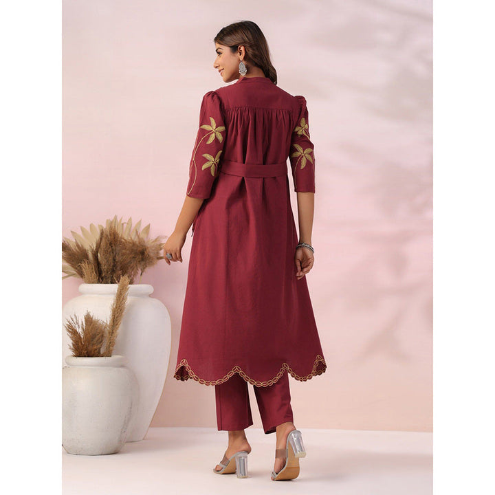 FASHOR Floral Embroidered & Scalloped Co-Ord - Maroon (Set of 3)