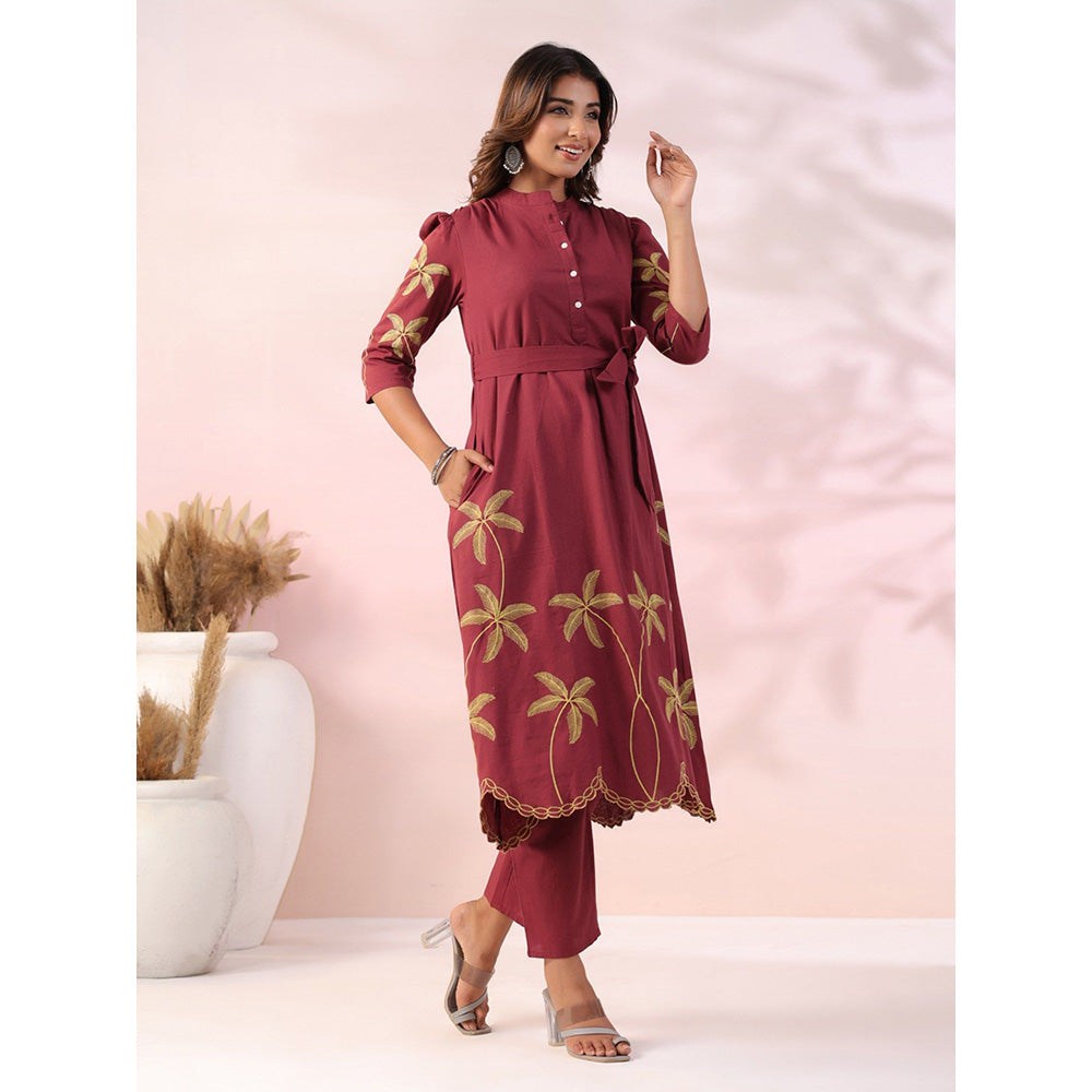 FASHOR Floral Embroidered & Scalloped Co-Ord - Maroon (Set of 3)