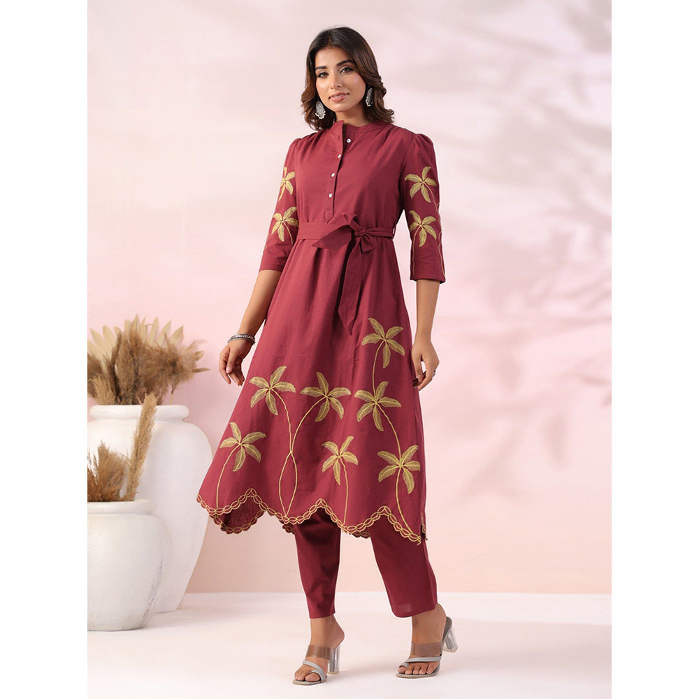 FASHOR Floral Embroidered & Scalloped Co-Ord - Maroon (Set of 3)