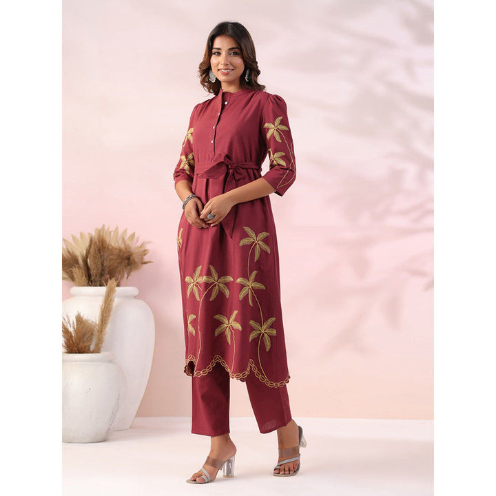 FASHOR Floral Embroidered & Scalloped Co-Ord - Maroon (Set of 3)