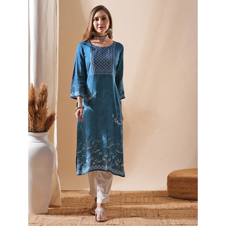 FASHOR Printed Sequins & Resham Embellished Kurta - Blue