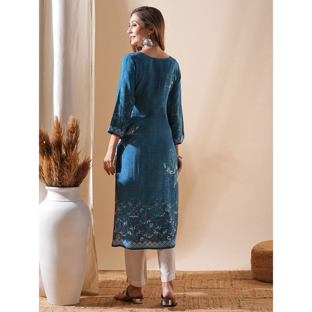 FASHOR Printed Sequins & Resham Embellished Kurta - Blue