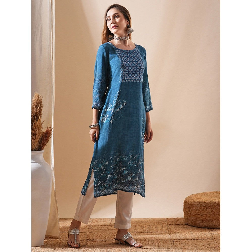 FASHOR Printed Sequins & Resham Embellished Kurta - Blue