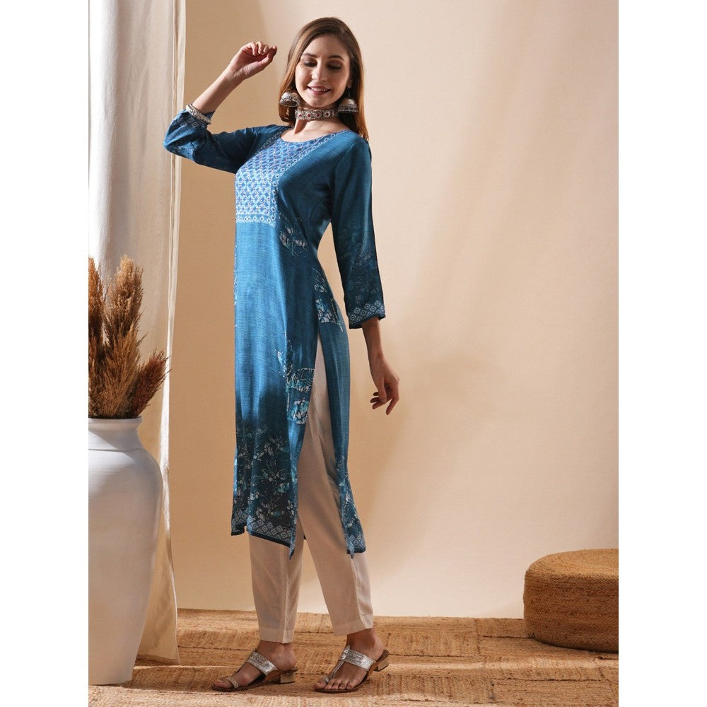 FASHOR Printed Sequins & Resham Embellished Kurta - Blue