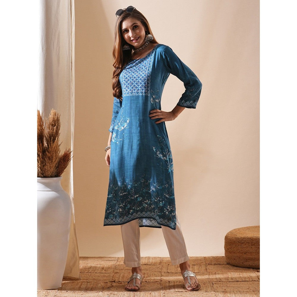 FASHOR Printed Sequins & Resham Embellished Kurta - Blue